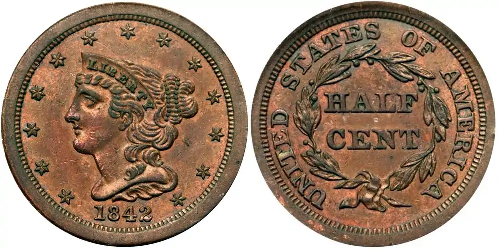 1842 Braided Hair Half Cent 1842 Proof Braided Hair Half Cent Original PCGS PR55