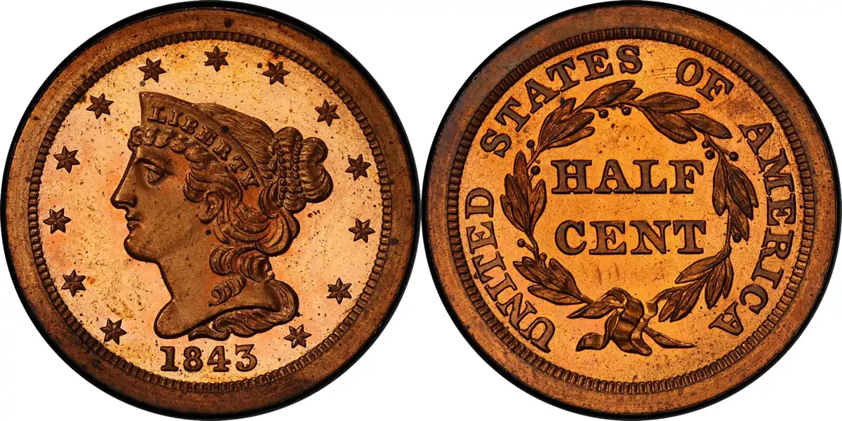 1843 Braided Hair Half Cent 1843 Proof Braided Hair Half Cent Original PCGS PR65RD 1843 Braided Hair Half Cent 1843 Proof Braided Hair Half Cent Original PCGS PR65RD