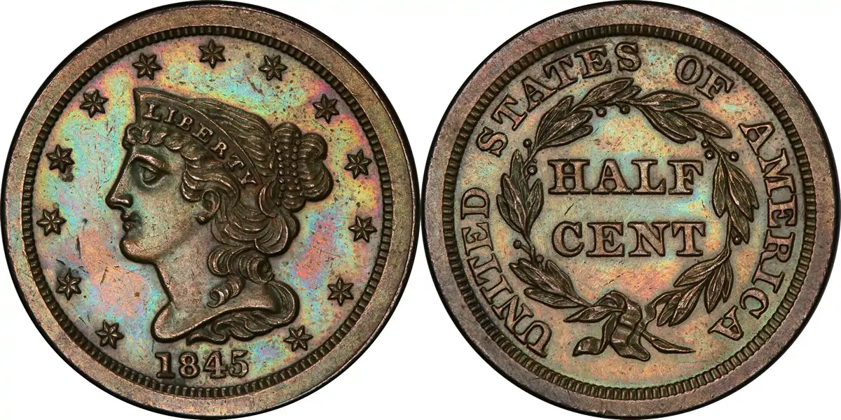 1845 Braided Hair Half Cent 1845 Proof Braided Hair Half Cent Original PCGS PR63BN