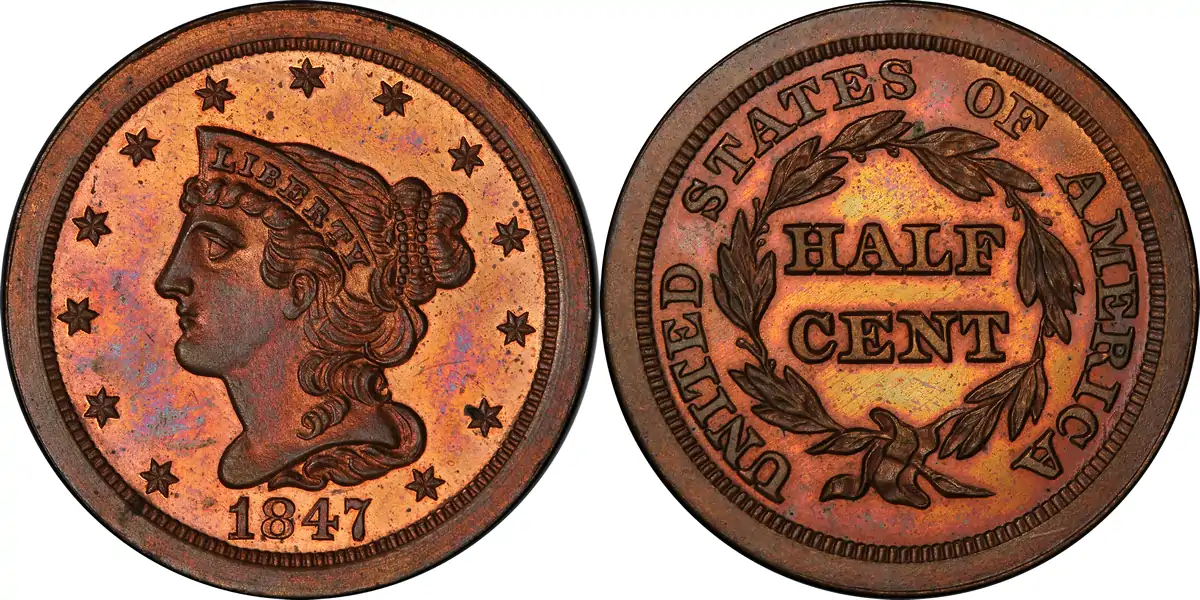 1847 Braided Hair Half Cent 1847 Proof Braided Hair Half Cent (Reverse of 1840) Restrike PCGS PR65 1847 Braided Hair Half Cent 1847 Proof Braided Hair Half Cent (Reverse of 1840) Restrike PCGS PR65