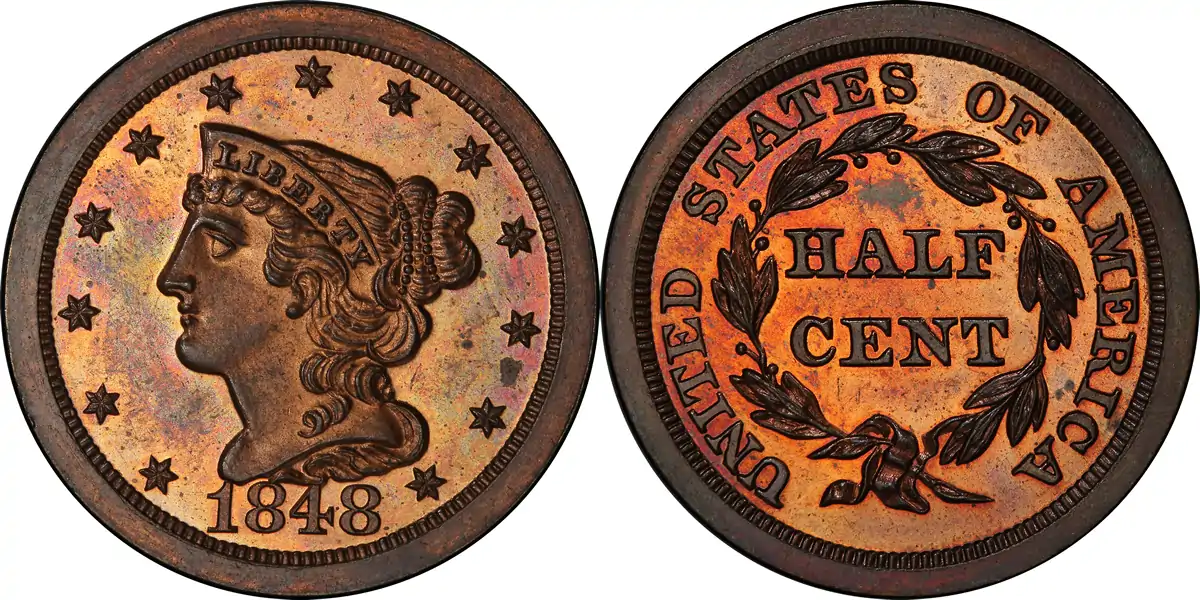 1848 Braided Hair Half Cent 1848 Proof Braided Hair Half Cent Original PCGS PR64RB 1848 Braided Hair Half Cent 1848 Proof Braided Hair Half Cent Original PCGS PR64RB