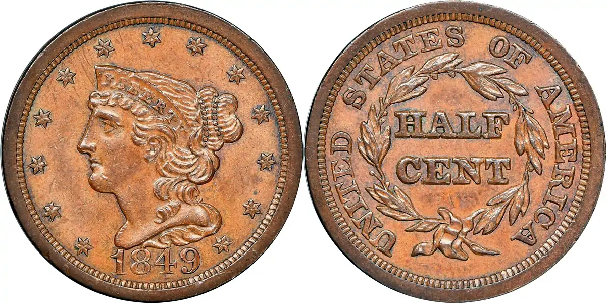 1849 Braided Hair Half Cent 1849 Braided Hair Half Cent (Large Date) PCGS MS62BN 1849 Braided Hair Half Cent 1849 Braided Hair Half Cent (Large Date) PCGS MS62BN