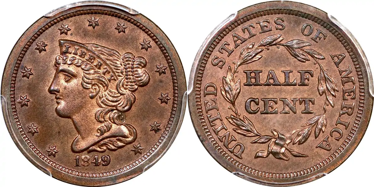1849 Braided Hair Half Cent 1849 Proof Braided Hair Half Cent Restrike (Small Date) PCGS PR64RB 1849 Braided Hair Half Cent 1849 Proof Braided Hair Half Cent Restrike (Small Date) PCGS PR64RB