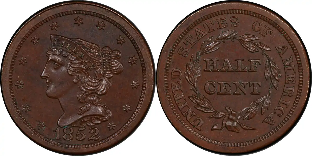 1852 Braided Hair Half Cent 1852 Proof Braided Hair Half Cent Restrike PCGS PR65BN 1852 Braided Hair Half Cent 1852 Proof Braided Hair Half Cent Restrike PCGS PR65BN
