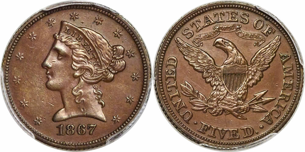 US Half Eagle ($5) Pattern Coins 1867 $5 Five Dollar, Judd-599, Pollock-665, PCGS PR58 US Half Eagle ($5) Pattern Coins 1867 $5 Five Dollar, Judd-599, Pollock-665, PCGS PR58