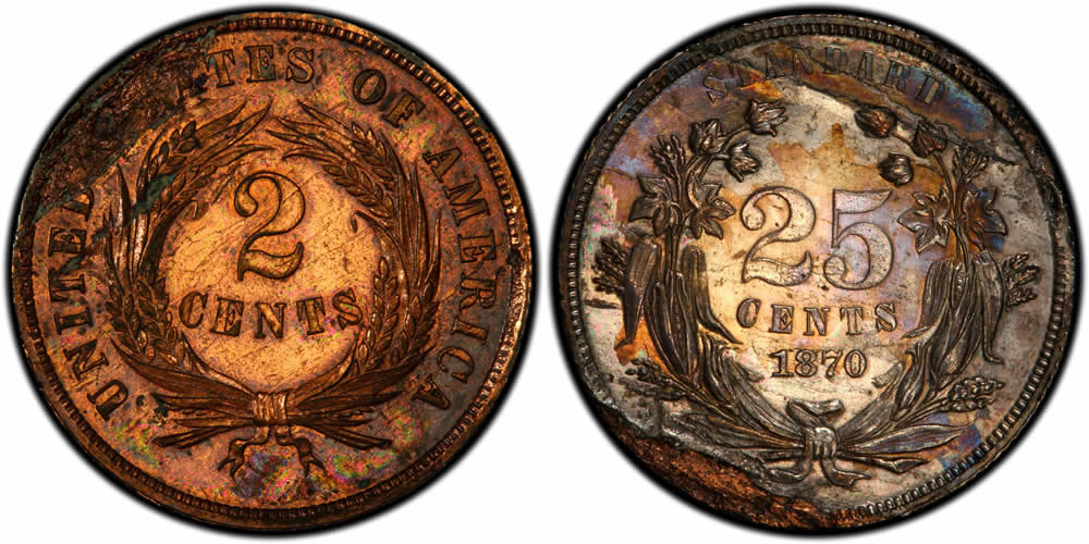 US Two Cent (2c) Pattern Coins 1870 2 Cent / 25 Cent, Judd-793a, Pollock-880, PCGS PR-61 US Two Cent (2c) Pattern Coins 1870 2 Cent / 25 Cent, Judd-793a, Pollock-880, PCGS PR-61
